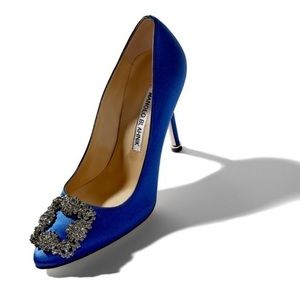 Manolo Blahnik Blue Satin Embellished Pumps